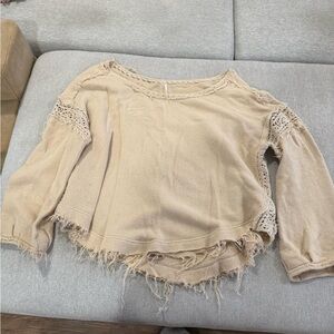 Free People Beige Knit Sweater with Crochet Trim